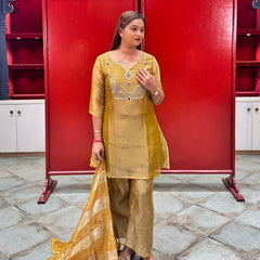 Mustard Yellow Embroidered Tissue Kurta Set
