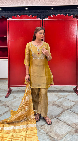 Mustard Yellow Embroidered Tissue Kurta Set