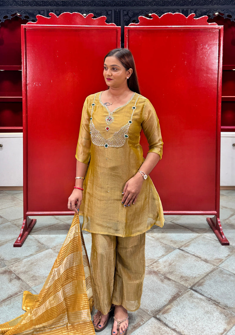 Mustard Yellow Embroidered Tissue Kurta Set