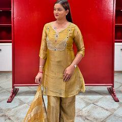 Mustard Yellow Embroidered Tissue Kurta Set