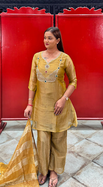 Mustard Yellow Embroidered Tissue Kurta Set