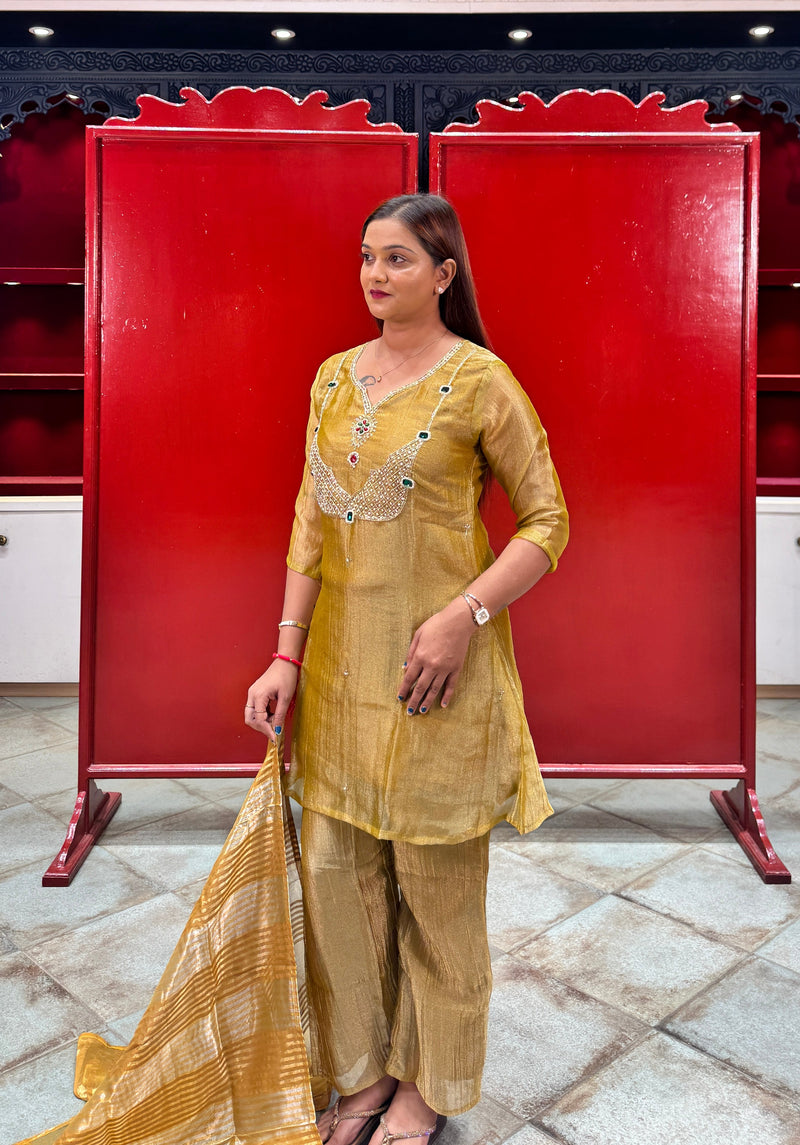 Mustard Yellow Embroidered Tissue Kurta Set