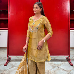 Mustard Yellow Embroidered Tissue Kurta Set