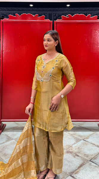 Mustard Yellow Embroidered Tissue Kurta Set