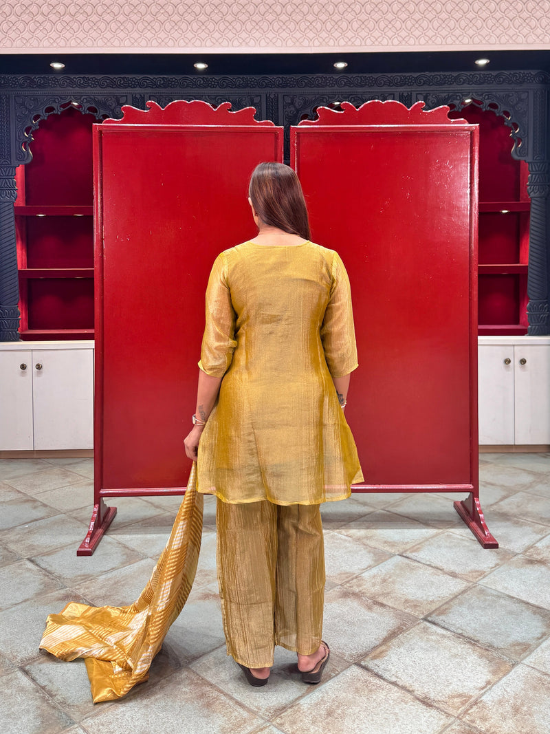 Mustard Yellow Embroidered Tissue Kurta Set