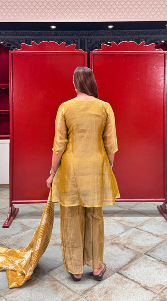 Mustard Yellow Embroidered Tissue Kurta Set