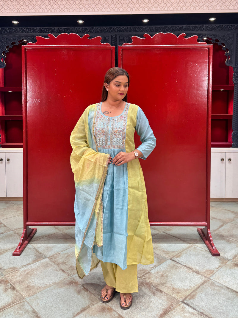 Powder Blue & Yellow Embroidered Kurta Set