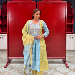 Powder Blue & Yellow Embroidered Kurta Set