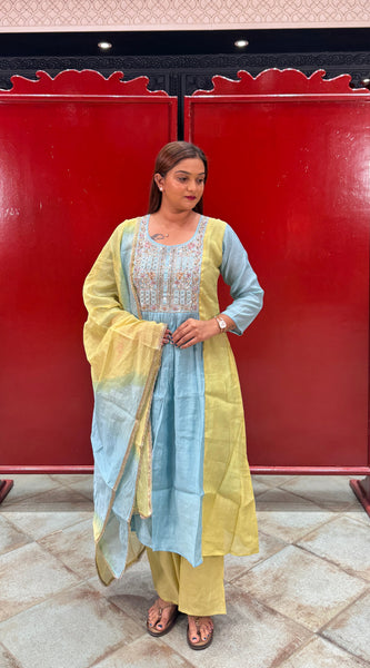 Powder Blue & Yellow Embroidered Kurta Set