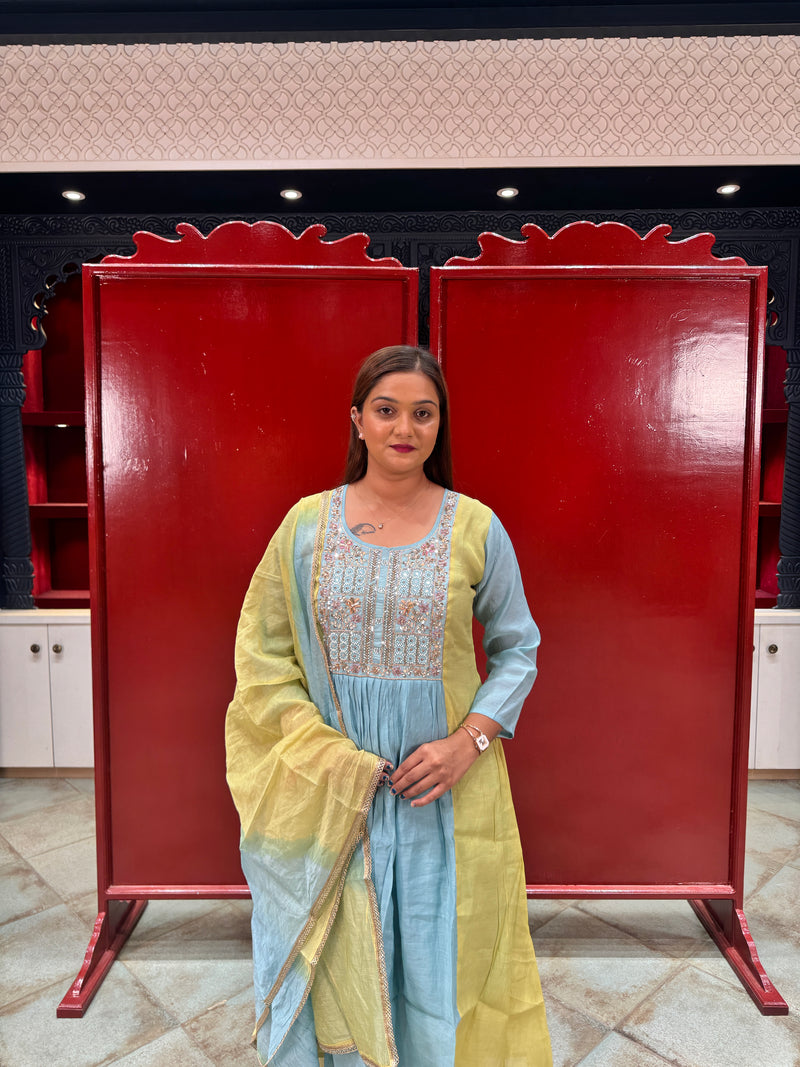 Powder Blue & Yellow Embroidered Kurta Set