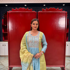 Powder Blue & Yellow Embroidered Kurta Set