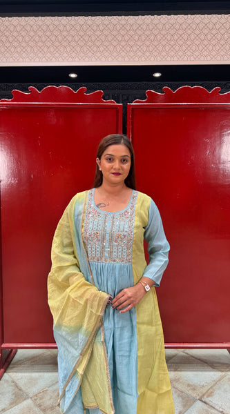 Powder Blue & Yellow Embroidered Kurta Set