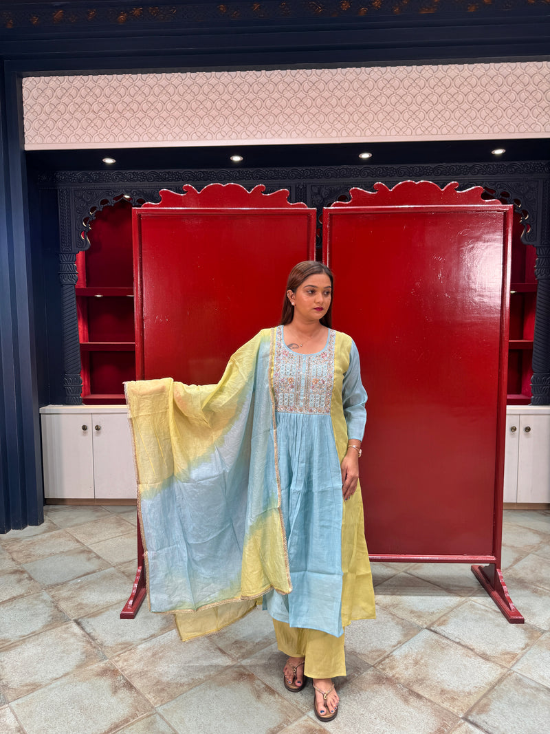 Powder Blue & Yellow Embroidered Kurta Set