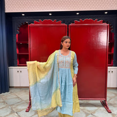 Powder Blue & Yellow Embroidered Kurta Set