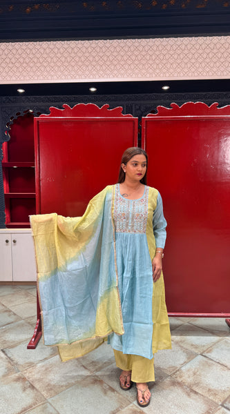 Powder Blue & Yellow Embroidered Kurta Set