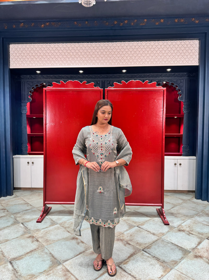 Grey Tissue Kurta Set
