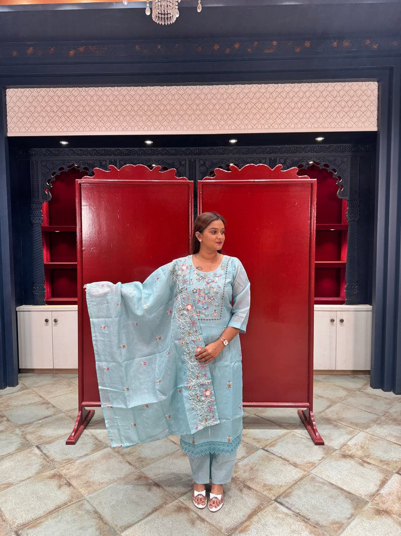 Sky Blue Floral Kurta Set