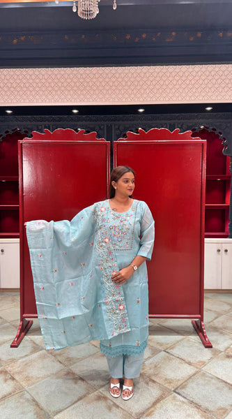 Sky Blue Floral Kurta Set