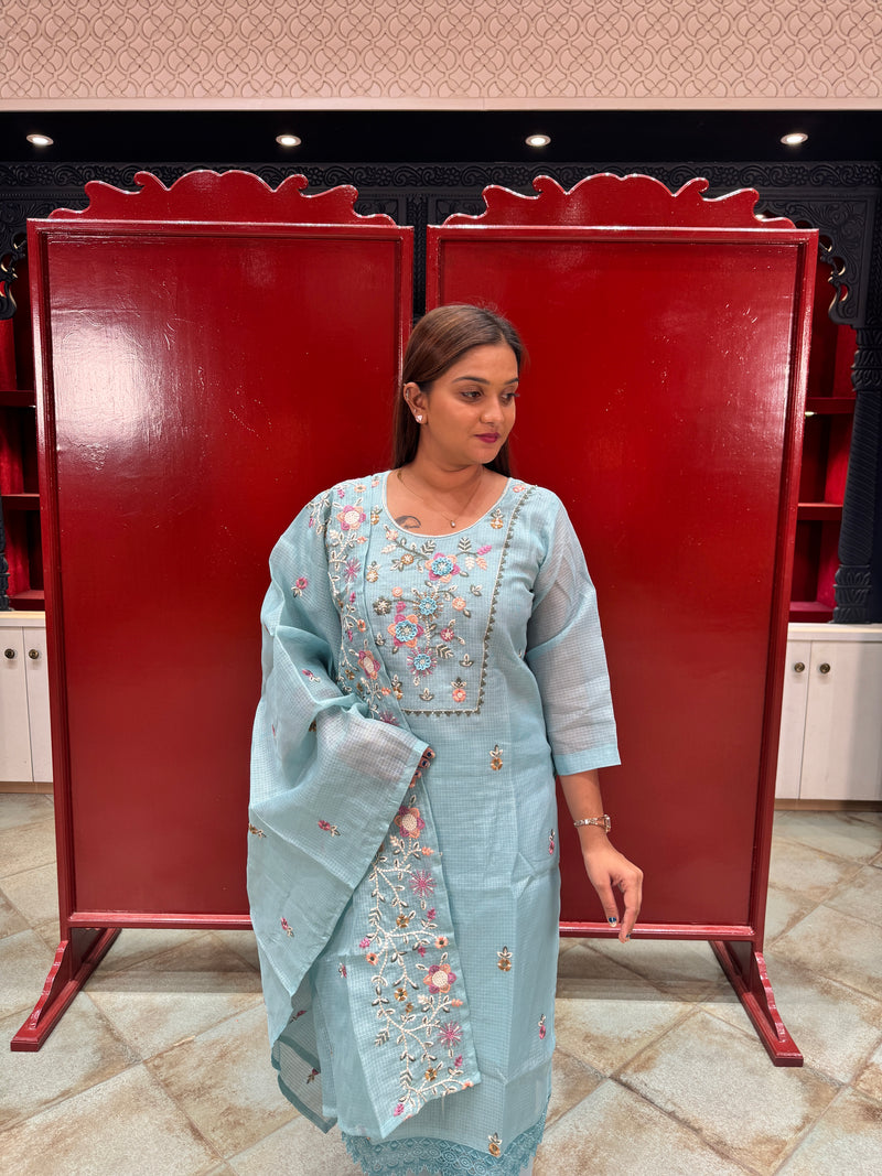 Sky Blue Floral Kurta Set