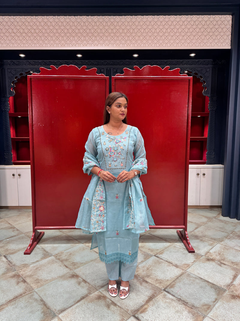 Sky Blue Floral Kurta Set