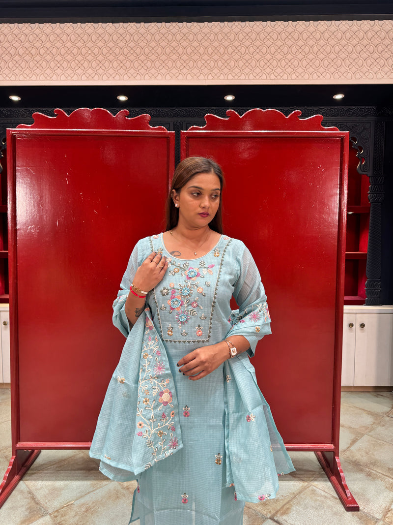 Sky Blue Floral Kurta Set