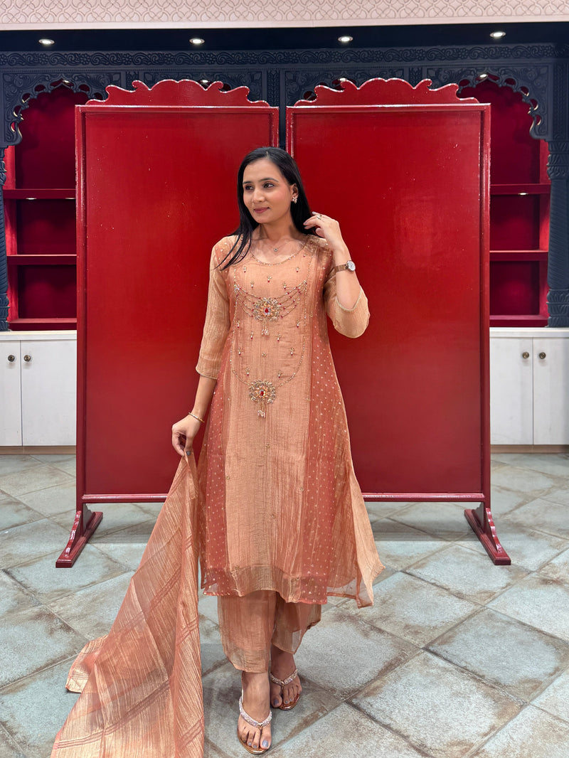 Peach Metallic Kurta Set