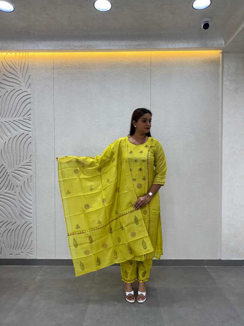 Lime Green Printed Silk Straight Kurta Set