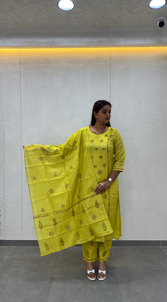 Lime Green Printed Silk Straight Kurta Set