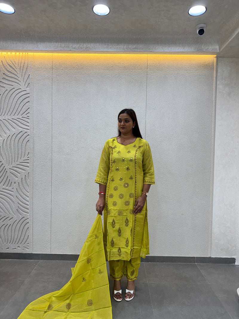 Lime Green Printed Silk Straight Kurta Set