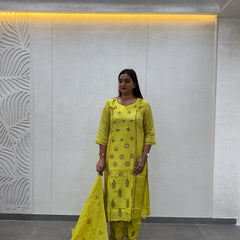 Lime Green Printed Silk Straight Kurta Set