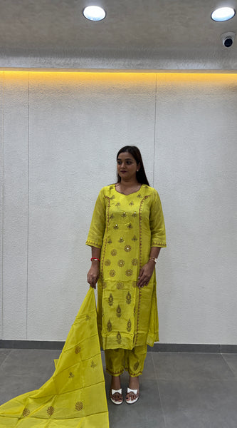 Lime Green Printed Silk Straight Kurta Set