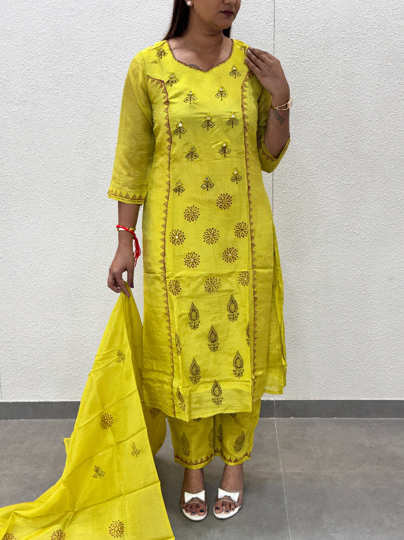 Lime Green Printed Silk Straight Kurta Set