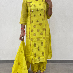 Lime Green Printed Silk Straight Kurta Set