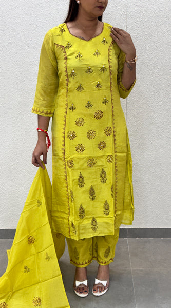 Lime Green Printed Silk Straight Kurta Set
