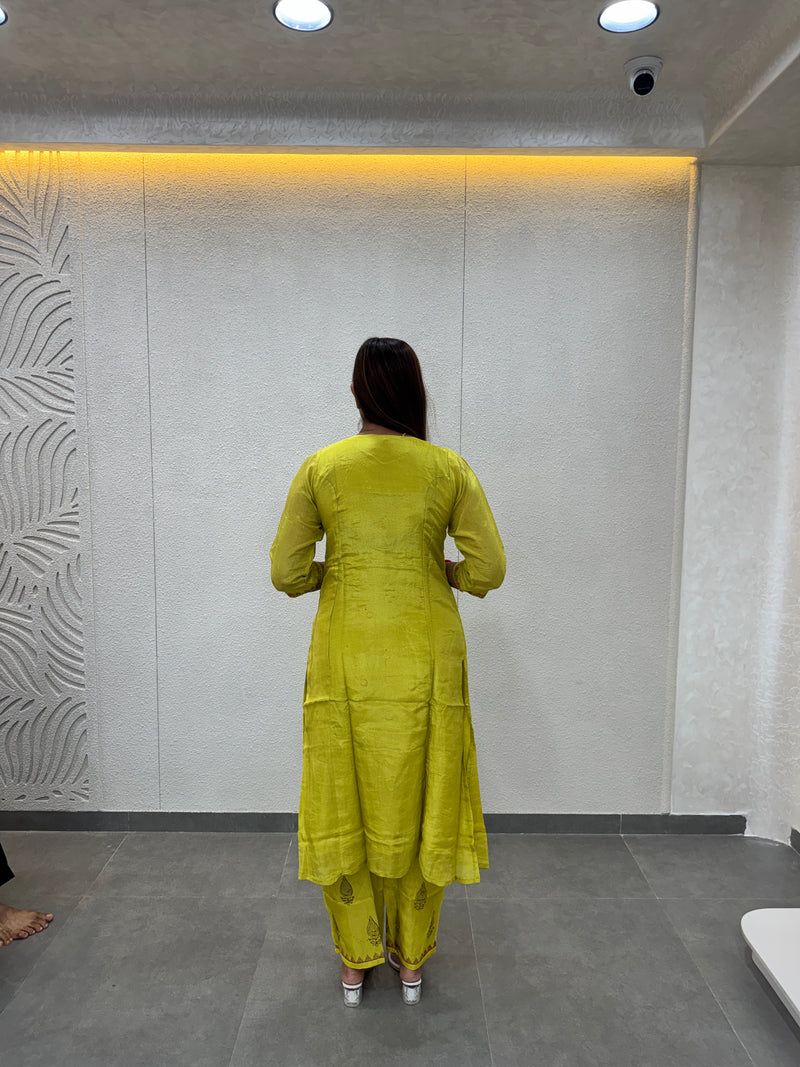 Lime Green Printed Silk Straight Kurta Set