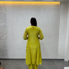 Lime Green Printed Silk Straight Kurta Set