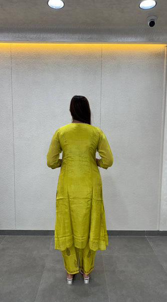 Lime Green Printed Silk Straight Kurta Set