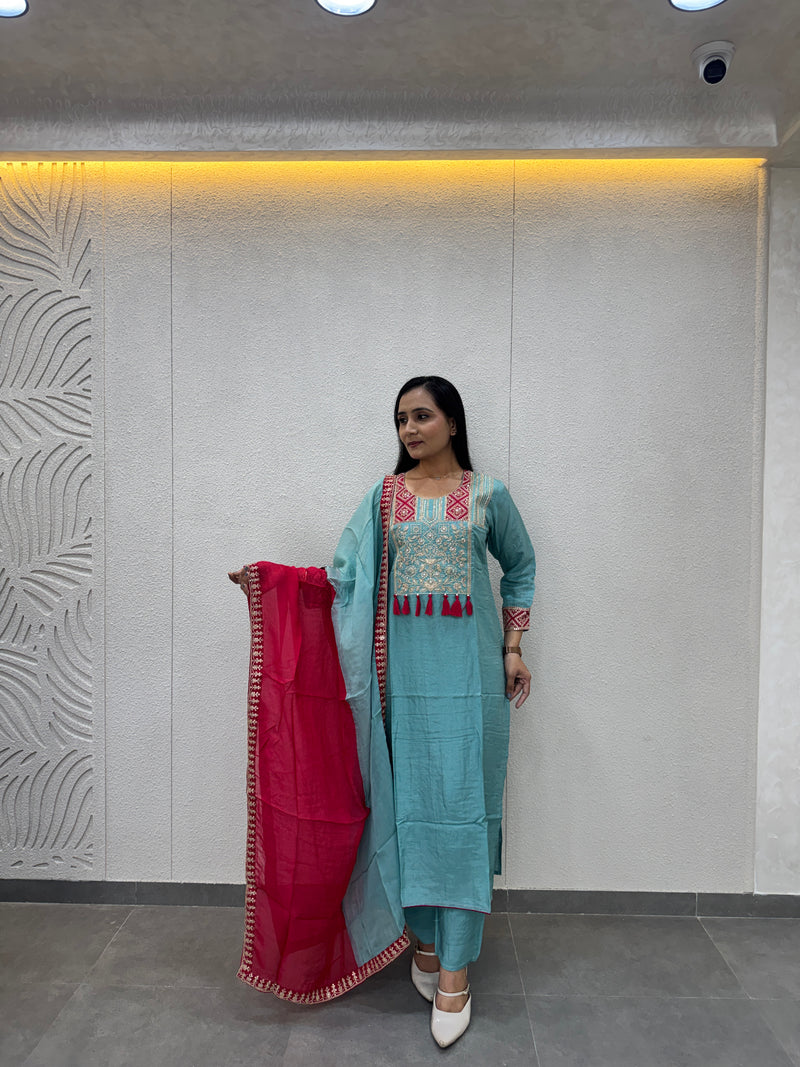 Sky Blue & Magenta Kurta Set