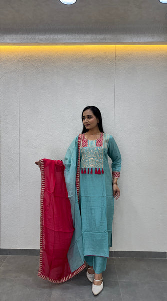 Sky Blue & Magenta Kurta Set