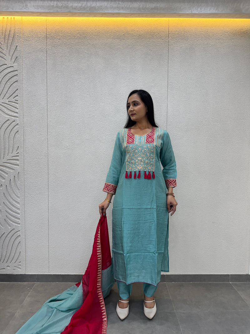 Sky Blue & Magenta Kurta Set