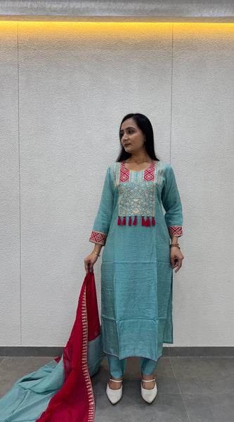 Sky Blue & Magenta Kurta Set