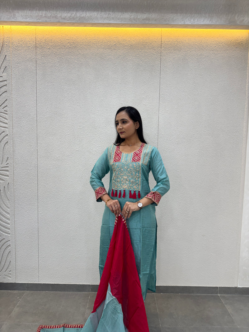 Sky Blue & Magenta Kurta Set