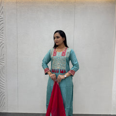 Sky Blue & Magenta Kurta Set