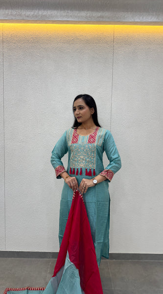 Sky Blue & Magenta Kurta Set