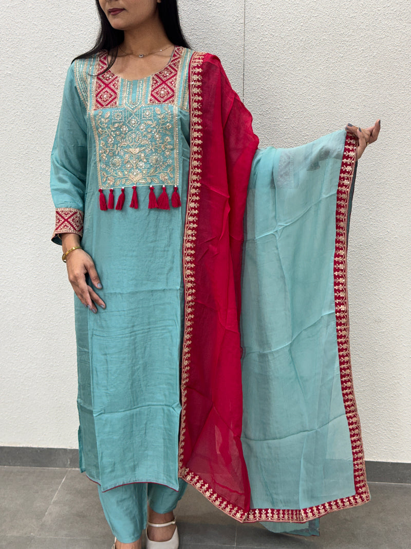Sky Blue & Magenta Kurta Set