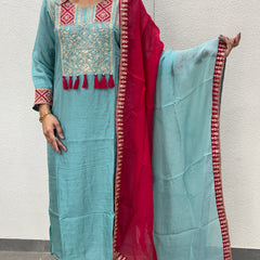 Sky Blue & Magenta Kurta Set