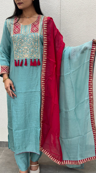 Sky Blue & Magenta Kurta Set