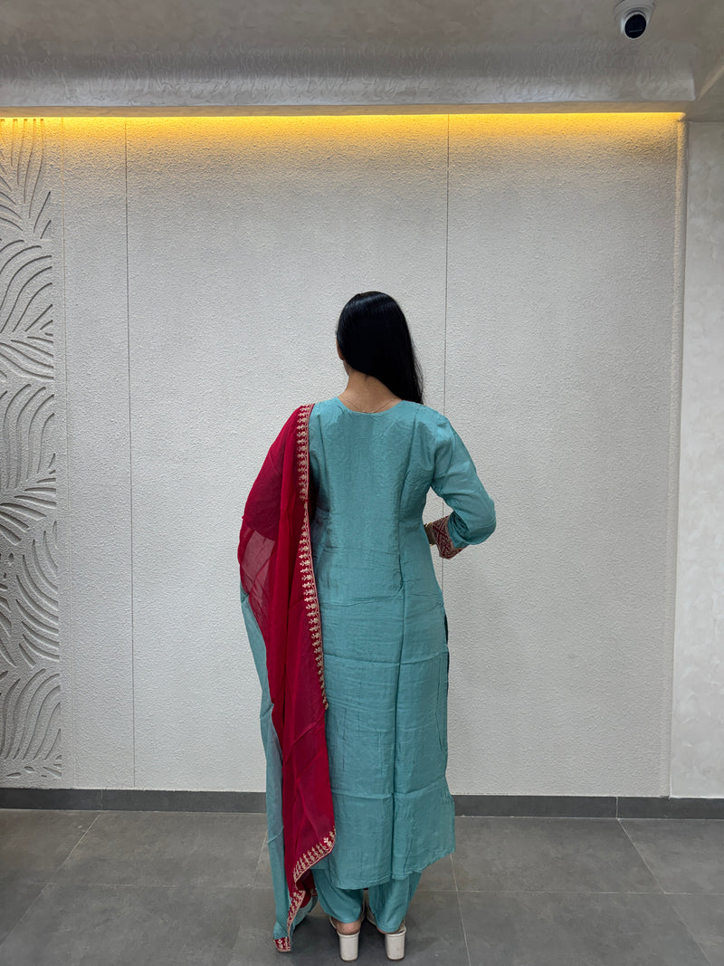 Sky Blue & Magenta Kurta Set