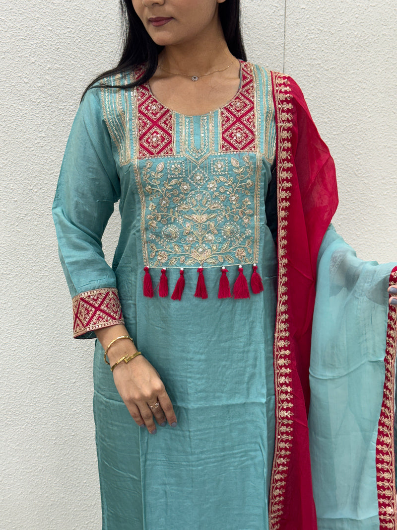 Sky Blue & Magenta Kurta Set