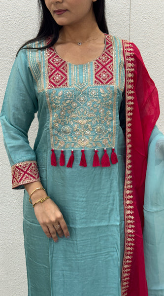 Sky Blue & Magenta Kurta Set